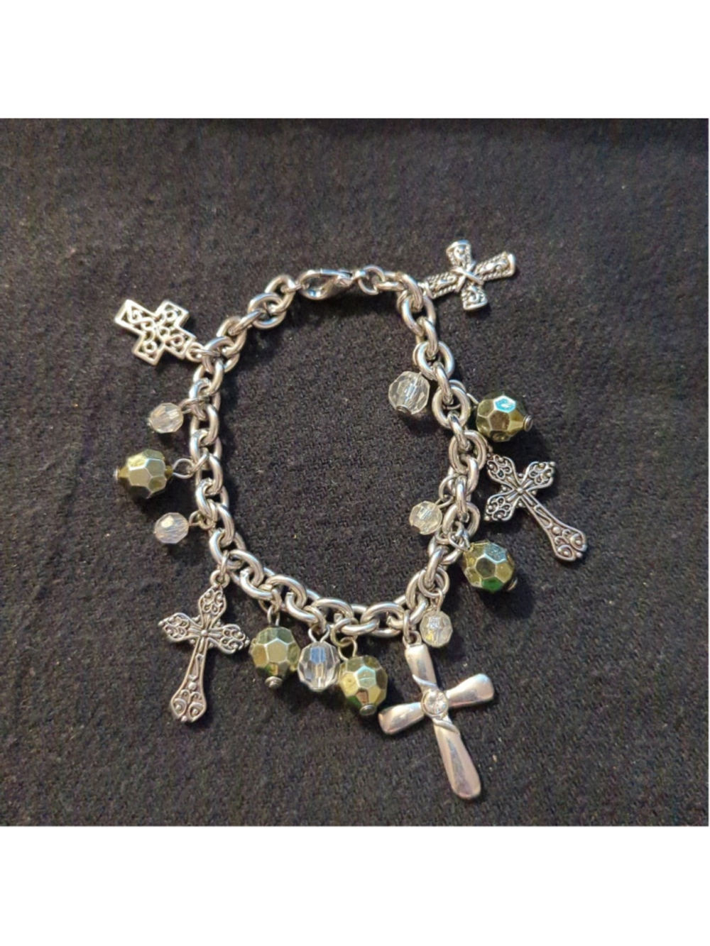 Silver Tone Cross and Grey Crystal Beaded Charm Statement Bracelet